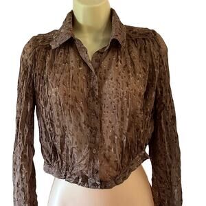 Brown Animal Print Sheer Blouse Size Small Cropped Button Up Convertible Sleeves